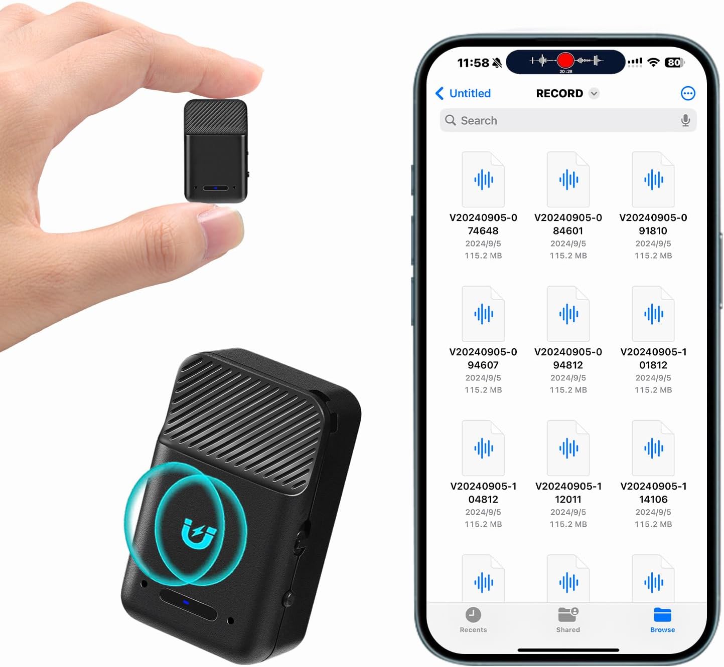 AOTAOREC magnetic voice recorder beside a phone